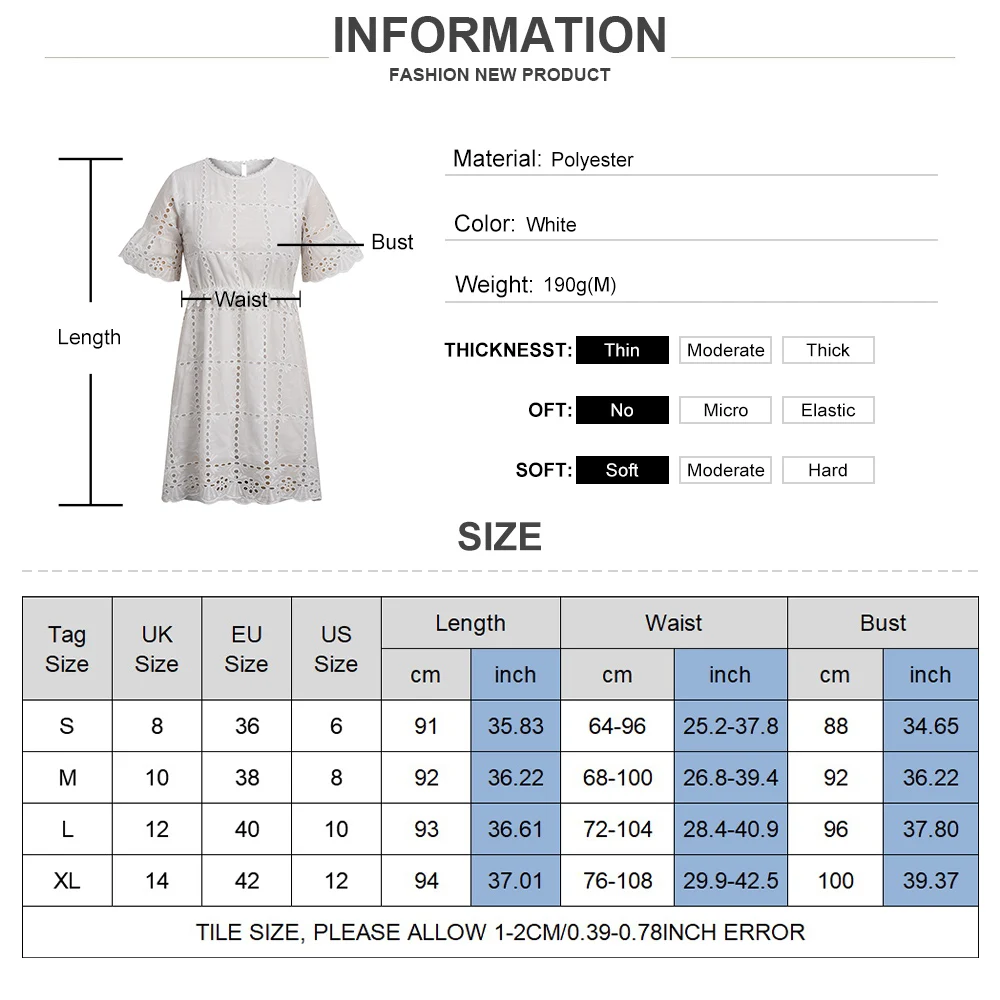 

White Women Short Sleeve Plus SIize Dress Hollow Out Embroidery Short Sleeve Casual Dress Flare Sleeve O-Neck Mini Sundress D30