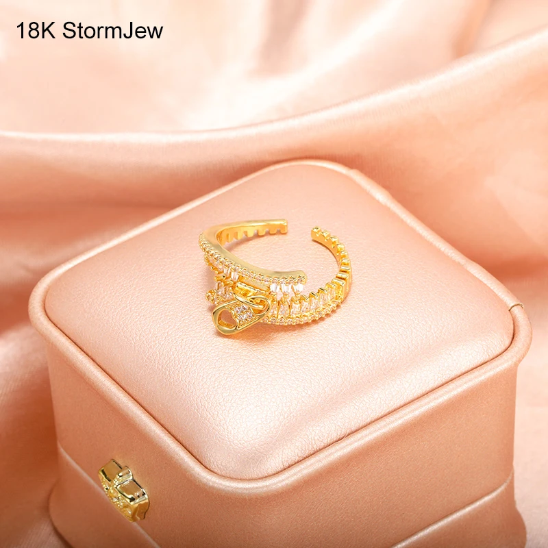 

Gold Zircon Zipper Open Rings For Women Girls Adjustable Stainless Steel Finger Bands Accessories Ring Jewelry Party Gifts