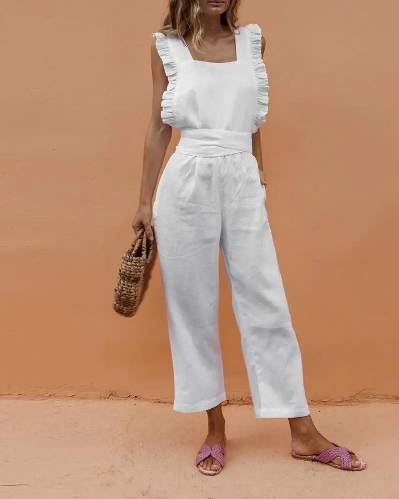 Женские комбинезоны с широкими штанинами уличные оборками желтого синего белого