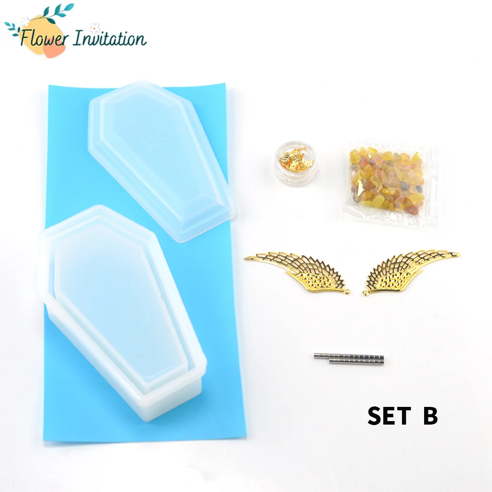 Flower Invitation Resin Silicone Coffin Mold Set Handmade Crystal Stone Bead Jewelry Box Dried Flower Sequins Cake Molds DIY