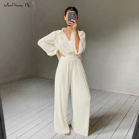 mnealways18 beige pleated wide leg pants womens pants fashion 2021 casual loose trousers office lady elegant long palazzo pants