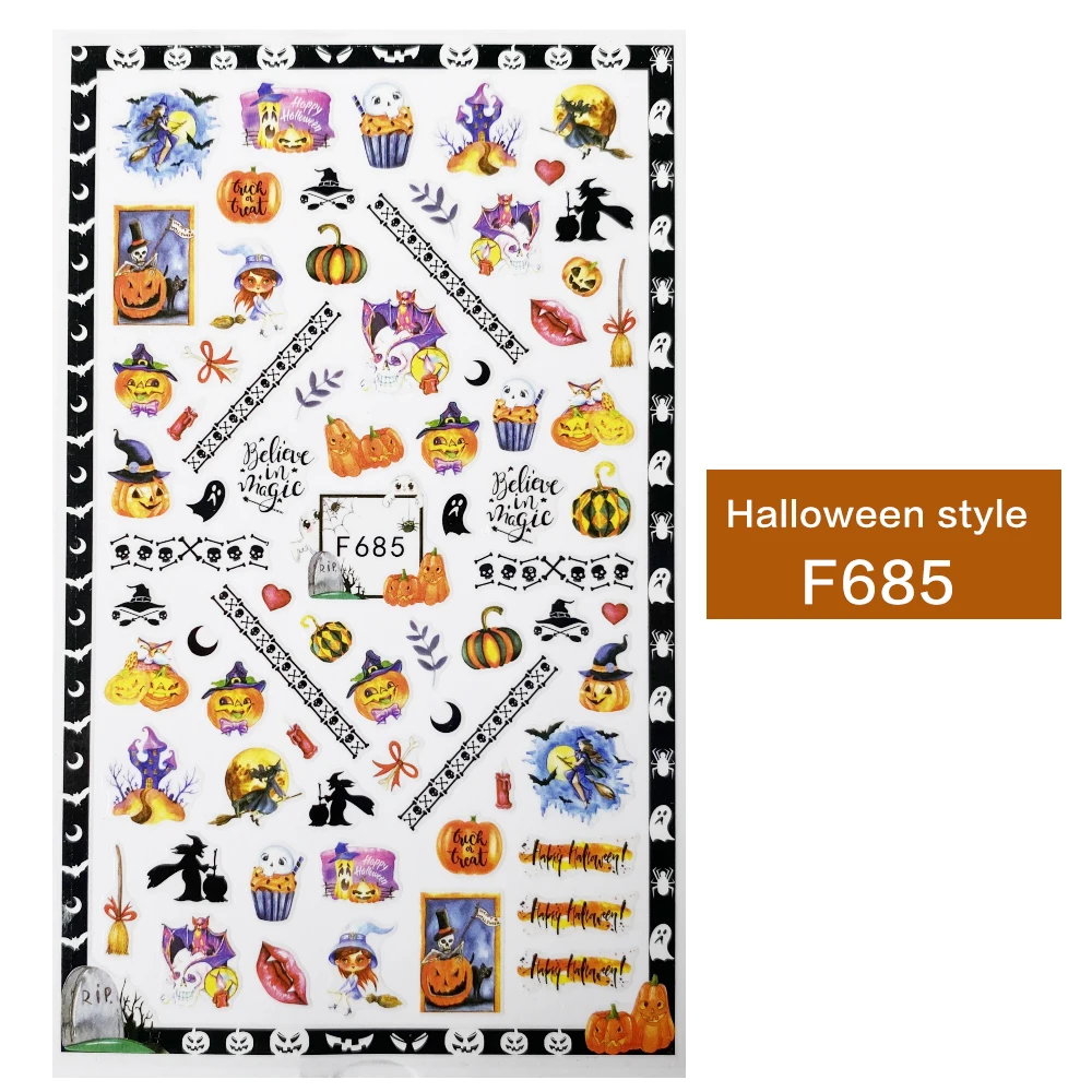 1pcs Winter style 3d nail sticker Halloween Pumpkin/ghost/skeleton/bat Skull Bone Pattern Slider Tattoo for DIY Decoration | Красота и