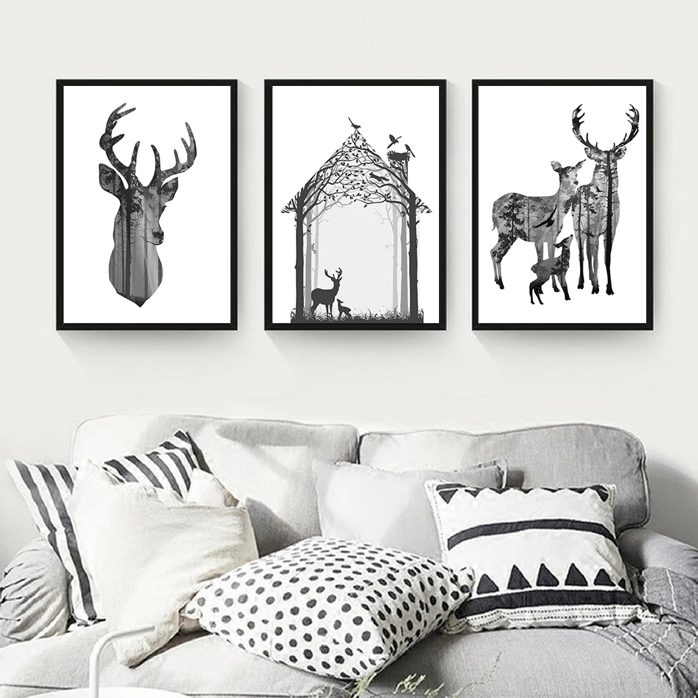 

Minimalism Modern Forest Elk and Bird Wall Art Canvas Painting Nordic Posters and Prints Wall Pictures for Living Home Decor