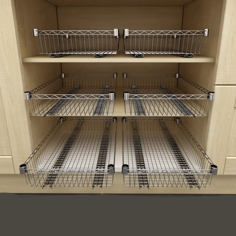 diy cupboard drawer basket kitchen storage shelf organizer sliding cabinet basket pull out metal drawer type mesh basket free global shipping