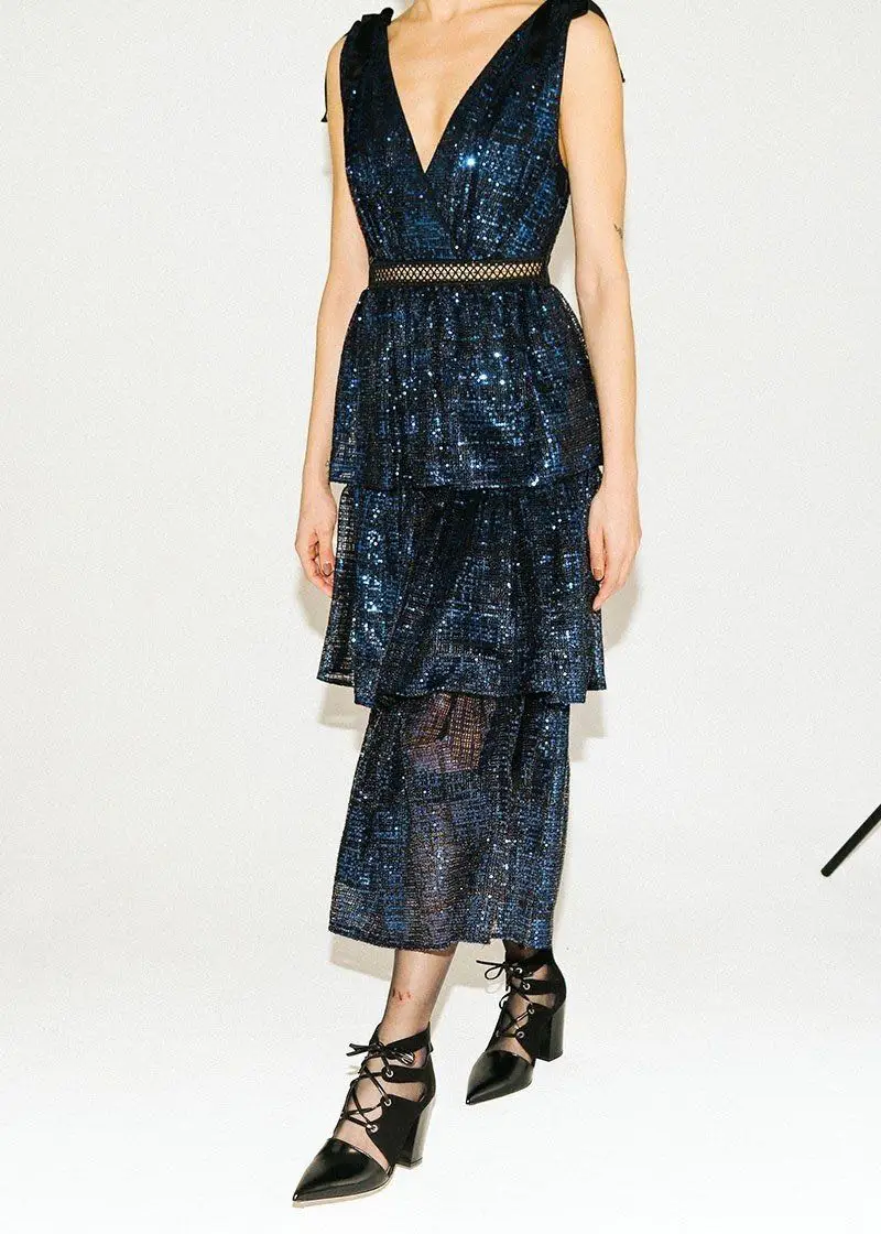 Осень 2019 Новое поступление темно синее элегантное платье с глубоким v образным