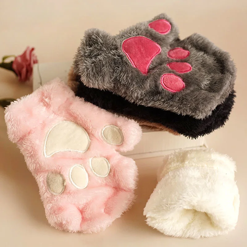 

Autumn and winter Japanese plus velvet thick soft sister cat claw fashion COS cute furry half-finger gloves
