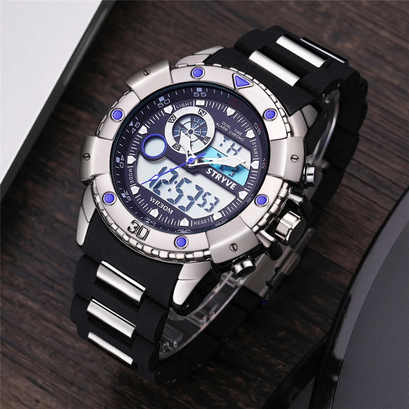 men fashion wristwatches luxury hot stryve brand mens plastic strap sports dual time quartz digital watches with 30m waterproof free global shipping