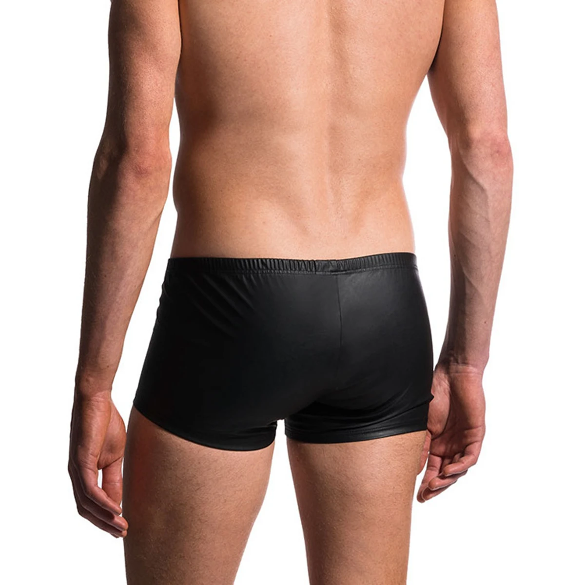 

Plus Size Sexy Men Boxers Open Crotch Faux Leather Lingerie Stage U Convex Pouch Black Patent Leather Boxers Shorts Underwear