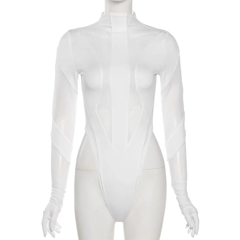 

Solid Bodysuit Women Mesh Splicing Early Autumn Half High Collar Weird Female Bodycon Sexy Slim Tops With Gloves Exotic Clothing