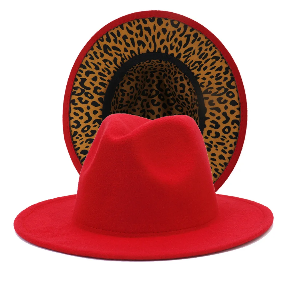 

Red and Leopard Patchwork Cotton Polyester Fedora Hats Women Unisex Wide Brim Two Tone Jazz Hat Panama Party Wedding Cap