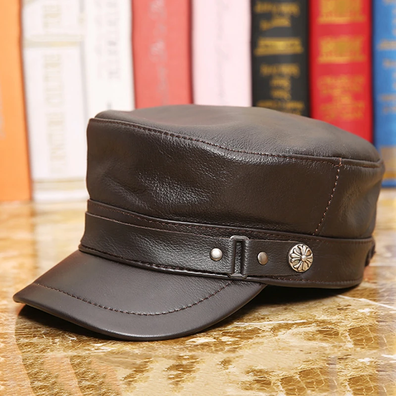 

100% Real Leather Officer Visor Cap Army Hat Cortical Military Hats Police Cap Cosplay Halloween Cowhide Hat Size L XL XXL