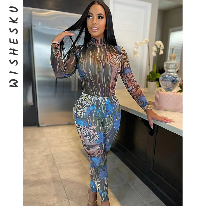 

Tiger Printed Mesh See Through Two Piece Set Women Long Sleeve Casual Bodysuit + Skinny Leggings Pants Co-ord Sets 2021 Fall