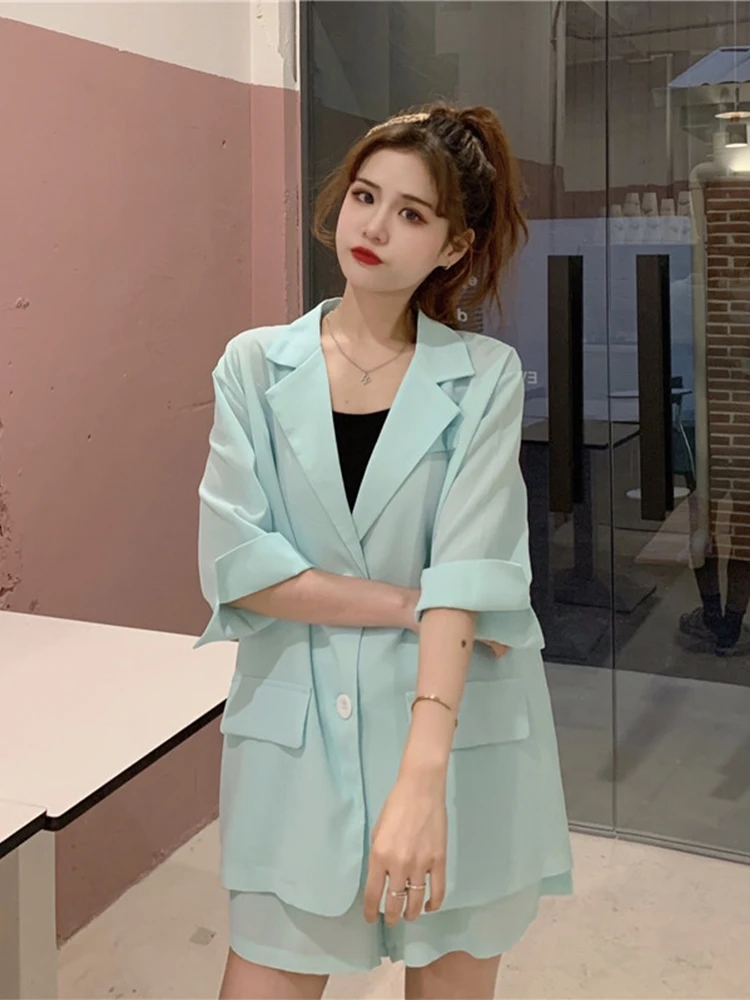 

Summer Korean version 2021 new loose lazy style single-breasted wild lapel mid-sleeve suit jacket female two-piece suit