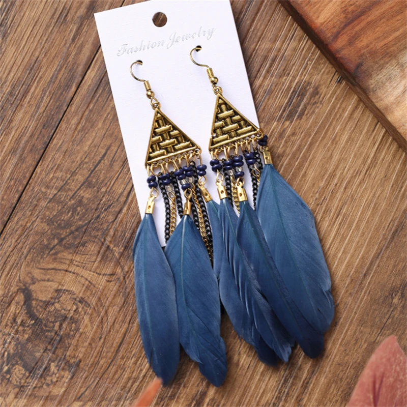 

Creative Triangle Multi-layer Chain Long Feather Earrings Women Retro Tassel Earrings
