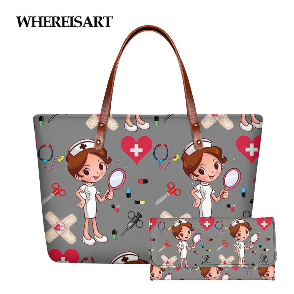 

WHEREISART 2Pcs/set Cartoon Nurse Design Women Large Bags Girl Casual Outdoor Travel Nursing Tote Bag Big Capacity Handbags