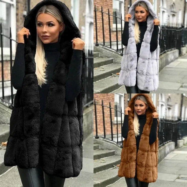 

Winter warm women's fur Vest 2020 hooded fur vest coat plus size loose plush vest women vest jacket with hood and pockets