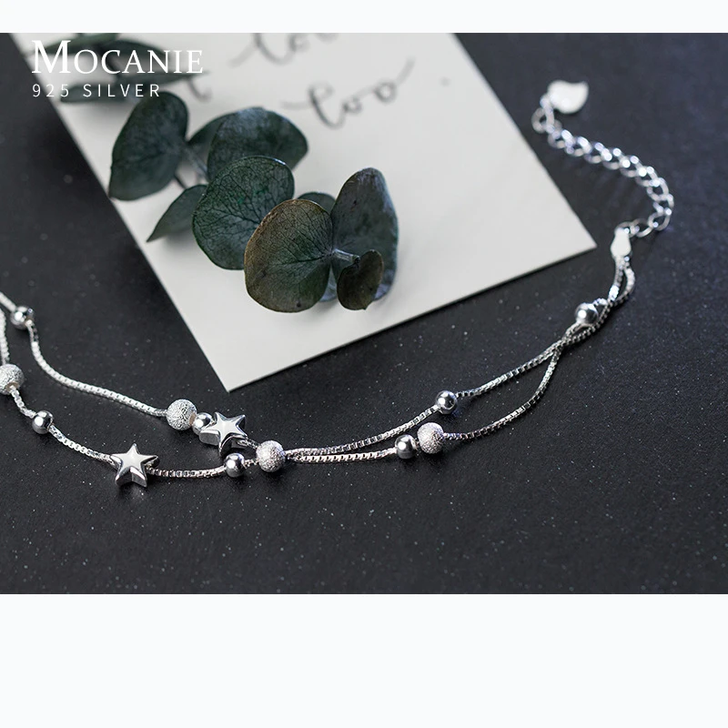 

Mocanie New 925 Sterling Silver Double Layer Light Beads Frosted Ball Stars Box Chain Bracelet for Women Link Chian Fine Jewelry