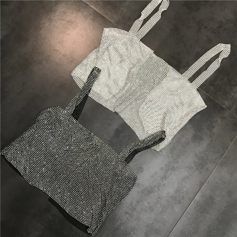 DEAT 2021 Summer Silver Sexy Sleeveless Sequins Diamond Dew Navel Short Camis Women MF757 | Женская одежда