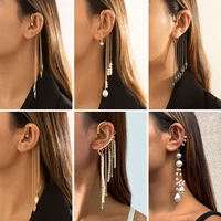 ingesight z 1pc imitation pearl sequins long tassel earrings kpop arc ear hanging fake cartilage clip earrings jewelry accessory