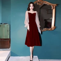 petite short a line evening dresses for women girls puff long sleeve engagement wedding dress wine red special occasion gowns