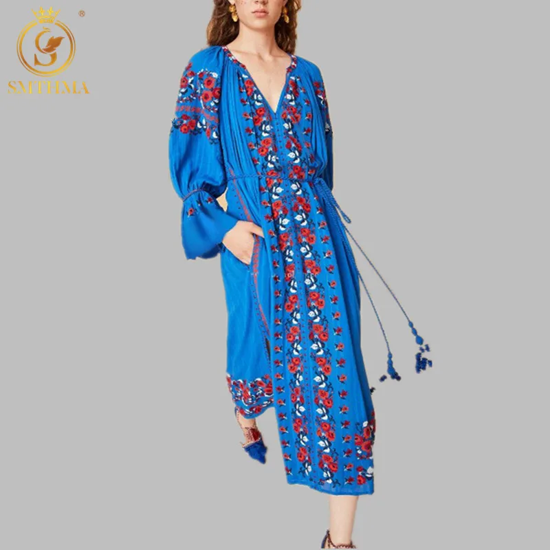 

Легкое синее платье в богемном стиле с вышивкой, летнее свободное платье средней длины с длинными рукавами, вырезами по бокам и завязывающи...