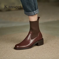 kanseet round toe women ankle boots 2021 autumn patchwork thick mid heel slim shoes chelsea short boots black brown plus size 43