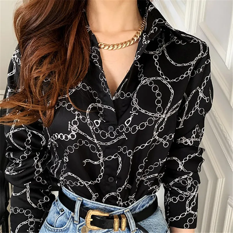 

CBAFU spring summer chain print blouse office lady single breasted turn collar women shirts long sleeve tops runway chic M5361