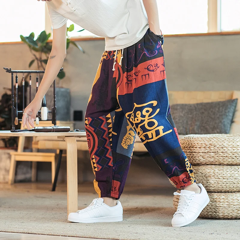 

2021Cotton Linen Harem Pants Men Printed Elastic Waist Streetwear Joggers Baggy Drop-crotch Pants Korean Casual Trousers Men