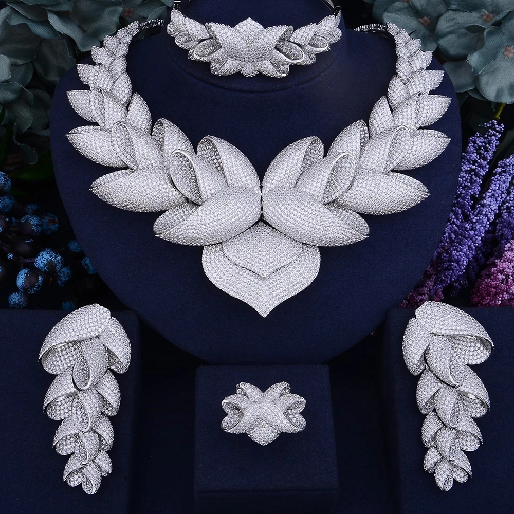 

Soramoore Luxury Lotus Flower Cubic Zirconia African Indian Necklace Earring Set Dubai Nigerian Wedding jewelry sets For Women