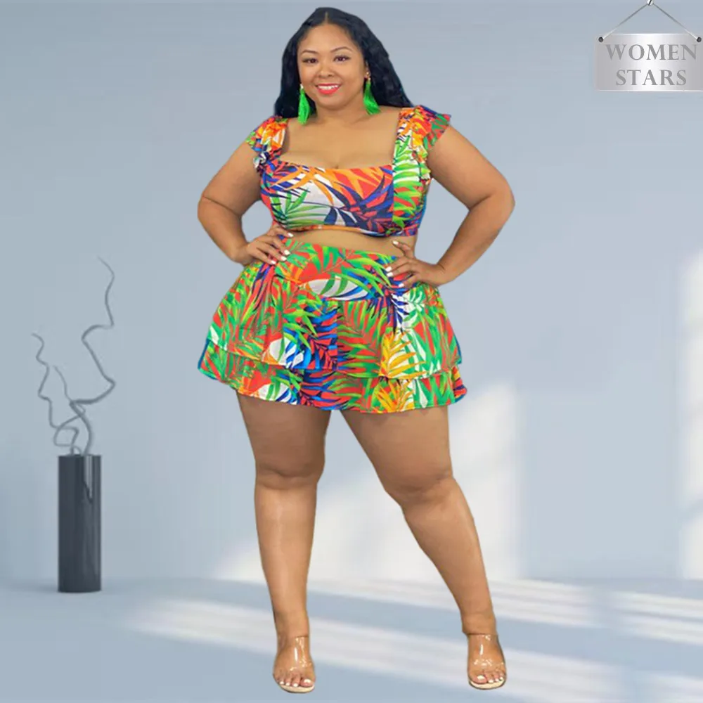 

Женский повседневный комплект из двух предметов, юбка выше колена с принтом и оборками