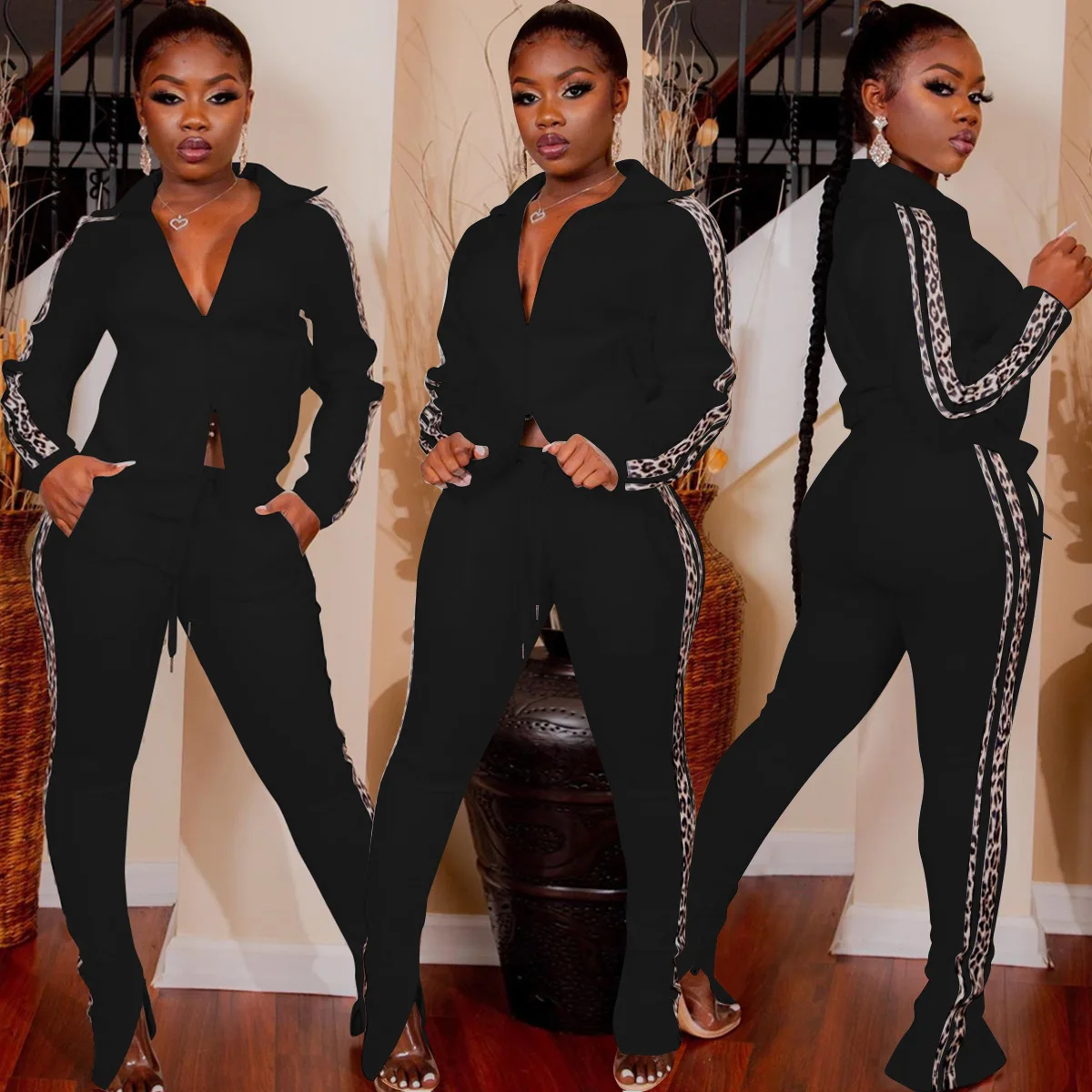 

ChocoMist Two-piece Casual Leopard Zip Design Autumn Sportsuit Two-piece ALS145