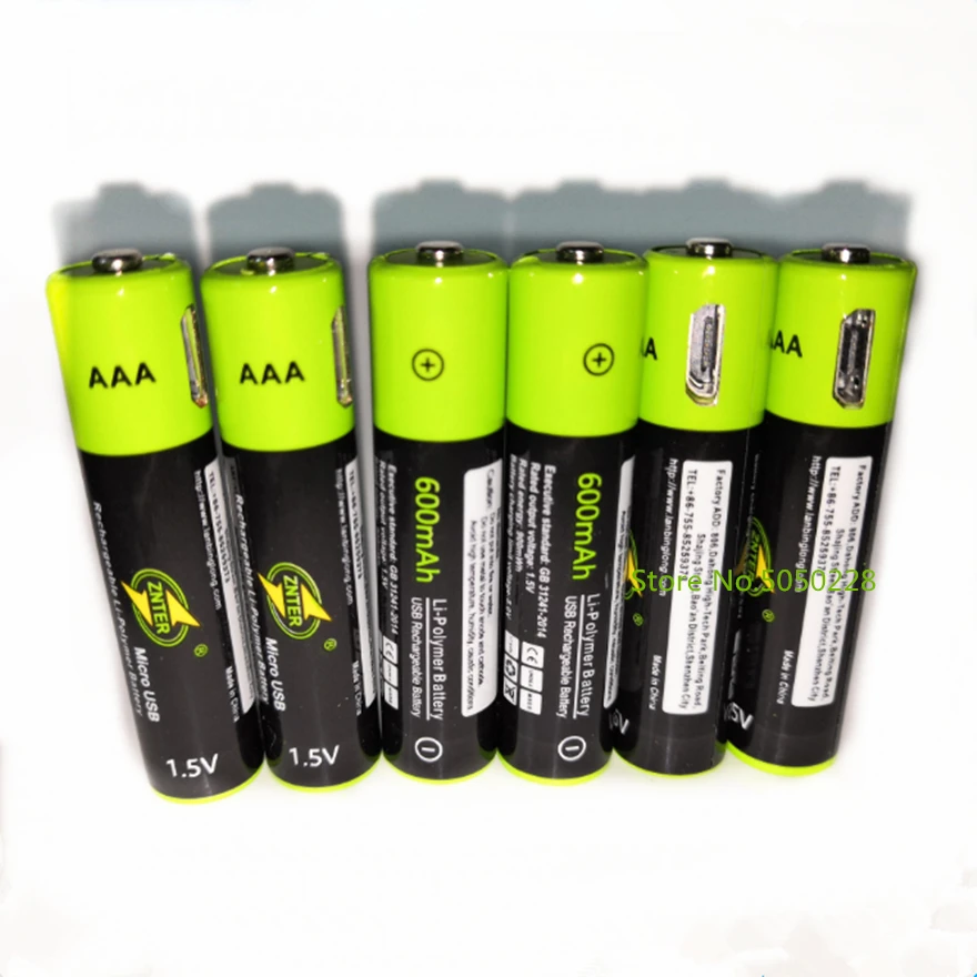 

6pcs/lot ZNTER 1.5V AAA rechargeable battery 600mAh USB rechargeable lithium polymer battery fast charging via Micro USB cable