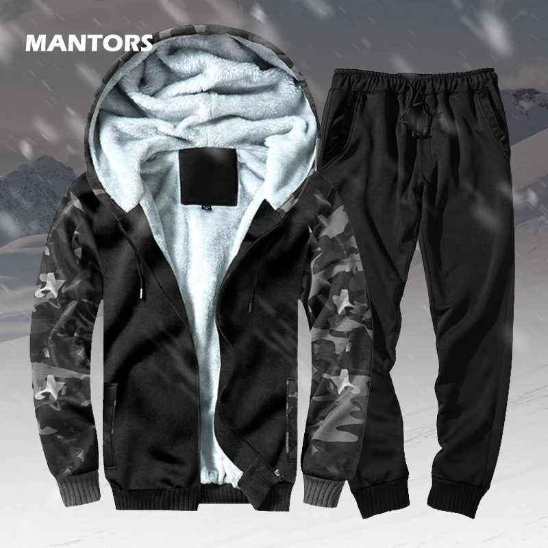 2019 зимний мужской Камуфляжный комплект флисовые толстовки с капюшоном толстый