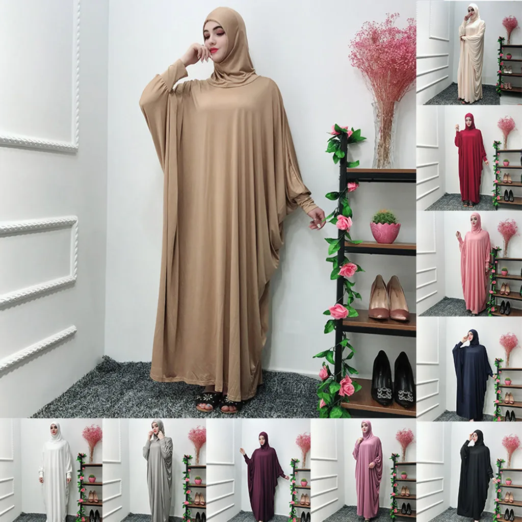 

2021 Muslim Dress Women Casual Femme Solid Color Headgear Mosque Bat Sleeve Robes Cardigan Ramadan Long Maxi Dresses ramadan