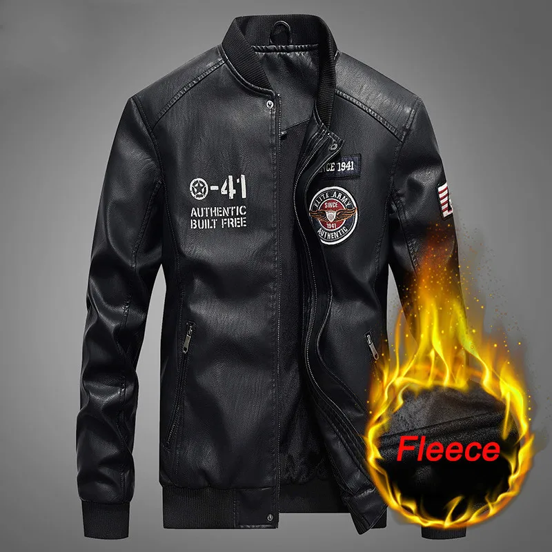 Осенне зимняя кожаная мужская куртка с вышивкой Мужская Толстая флисовая из