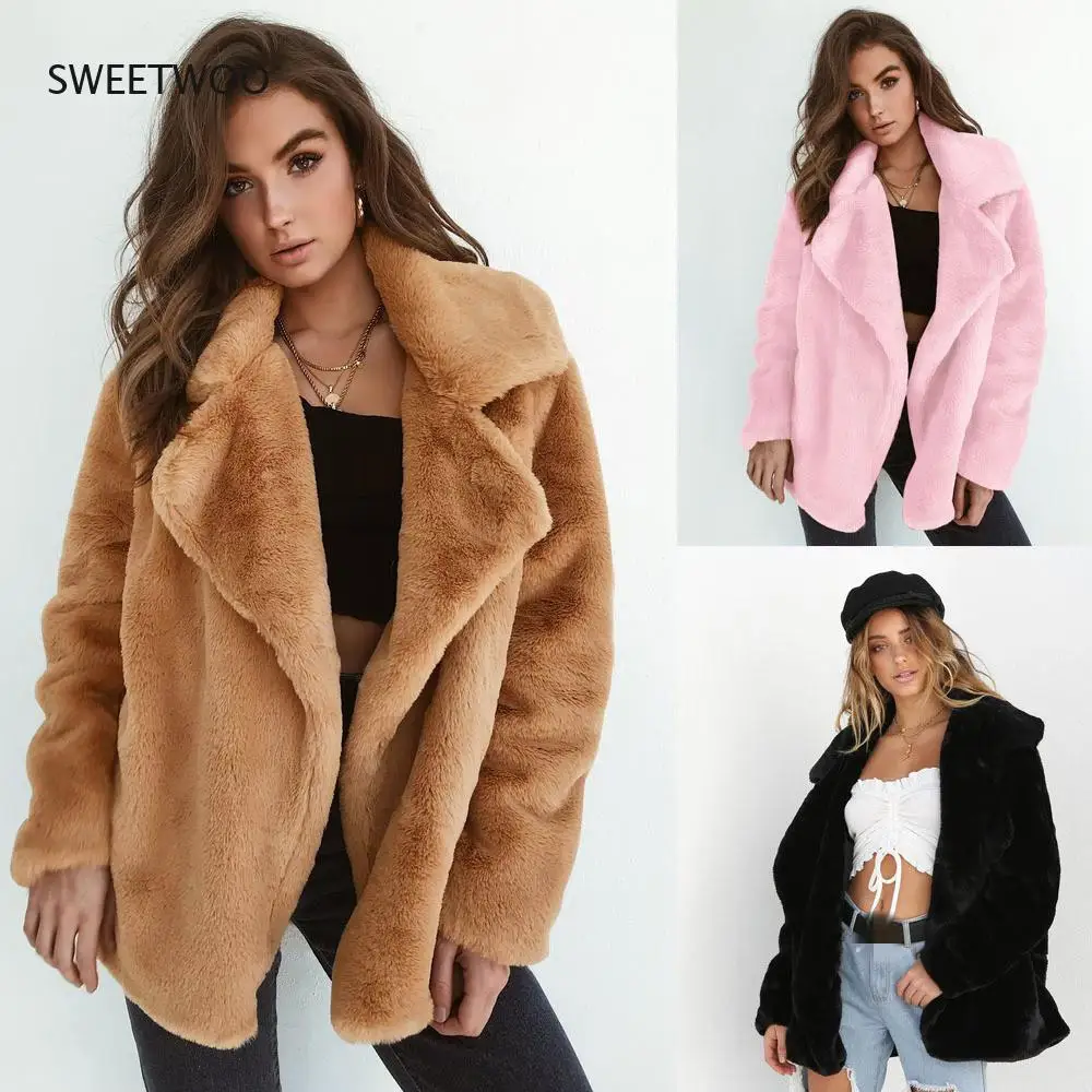 Popular Women Winter Plush Coat Soft Women Fur Jackets Turn Down Collar Warm Outwear Casual Female Pink Black Light Brown Coats