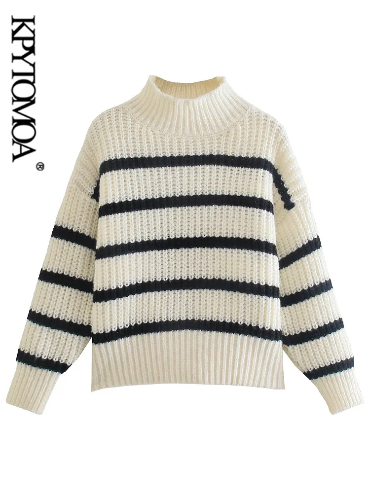 

KPYTOMOA женский модный Свободный Полосатый вязаный свитер, винтажные женские пуловеры с высоким воротником и длинным рукавом, шикарные топы
