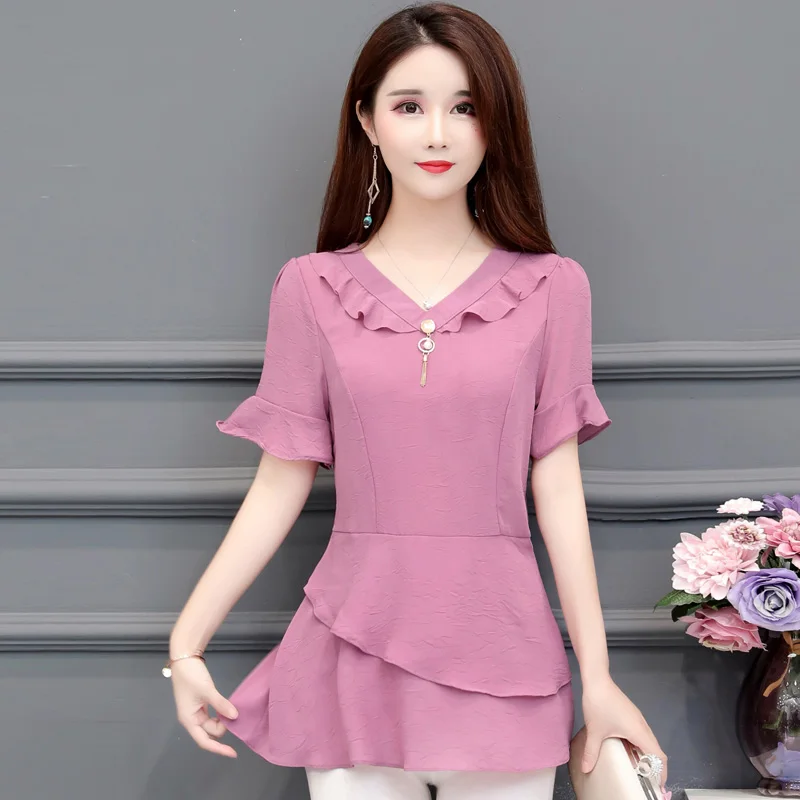 Шифоновая рубашка Блузки Женская туника-Пеплум Топ летний короткий рукав синий