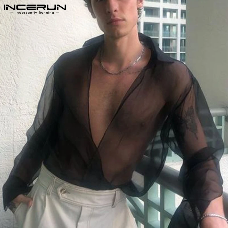 

INCERUN Men Shirt Deep V Neck Long Sleeve Streetwear Mesh Transparent Sexy Party Men Clothing Tops 2022 Solid Undershirts S-5XL