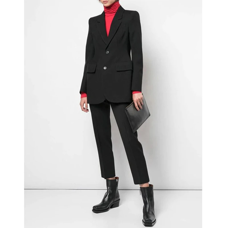 Cosmicchic Women's Black Wool Suit Shoulder Pads Waist Hugging Ladies Jackets Office Business Autumn Blazer Elegant Outwear