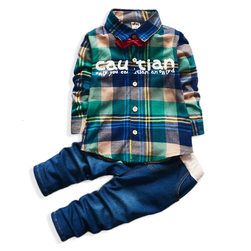 2019 Autumn Boy Baby Clothes Set Long Sleeve Plaid T-Shirt Shirt Top Jeans Pants 2 Piece Set Cartoon Fashion Casual Suit images - 6