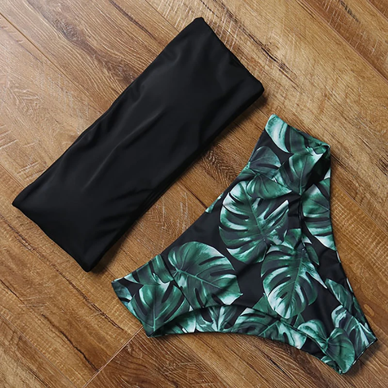

Sexy Floral Bikini Set 2021 Swimsuit High Waist Bathing Suit Black Swimwear Women Push-Up Leaf Bandeau Brazilian Biquini