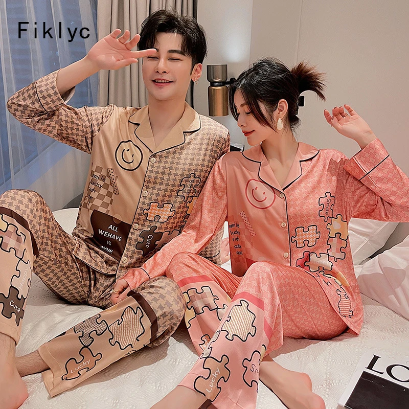 

Пижамный комплект Fiklyc атласный в клетку для пар, новейшая Роскошная Милая домашняя одежда для влюбленных, ночная рубашка, Размер 3XL