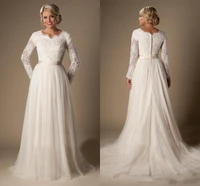 modest a line lace tulle arabic dubai wedding dresses long sleeves v neck sheer sleeves trains buttons back bridal gown