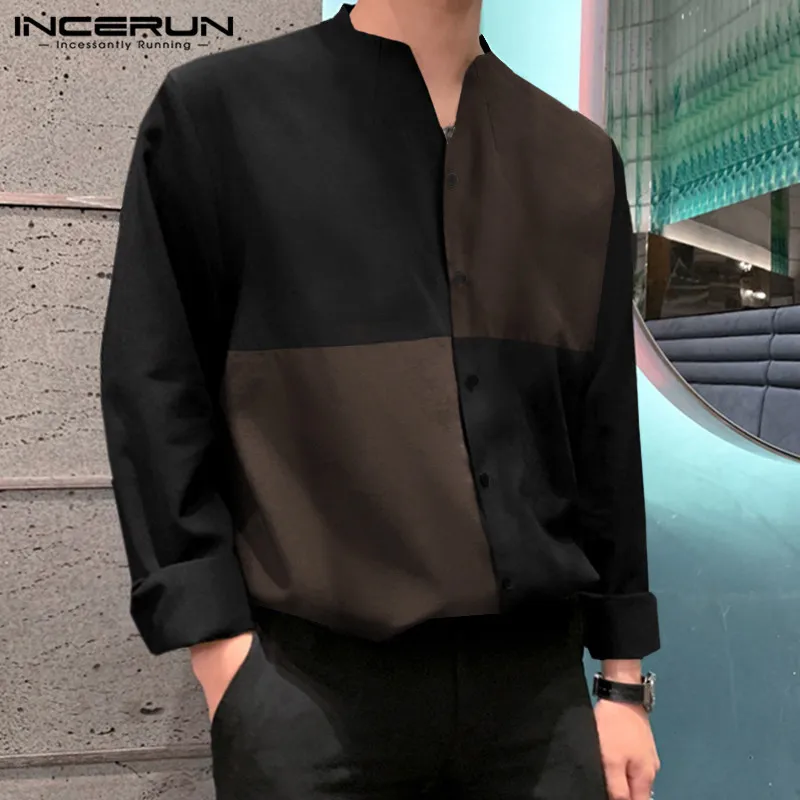 

INCERUN Patchwork Shirts Men Long Sleeve V Neck Camisa Color Stitching Blusas Loose Button Up Chemise Man Leisure Korean Shirt 7