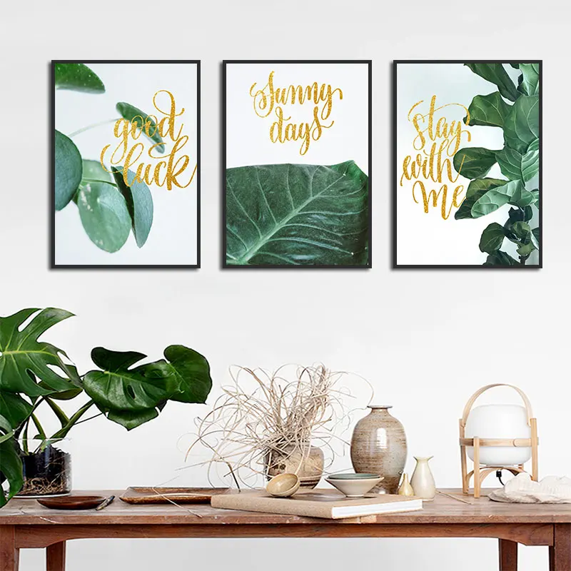 

Green Plant Leaves Canvas Painting Golden English Calligraphy Golden Poster Modern Wall Picture for Living Room Decor Sunny Days