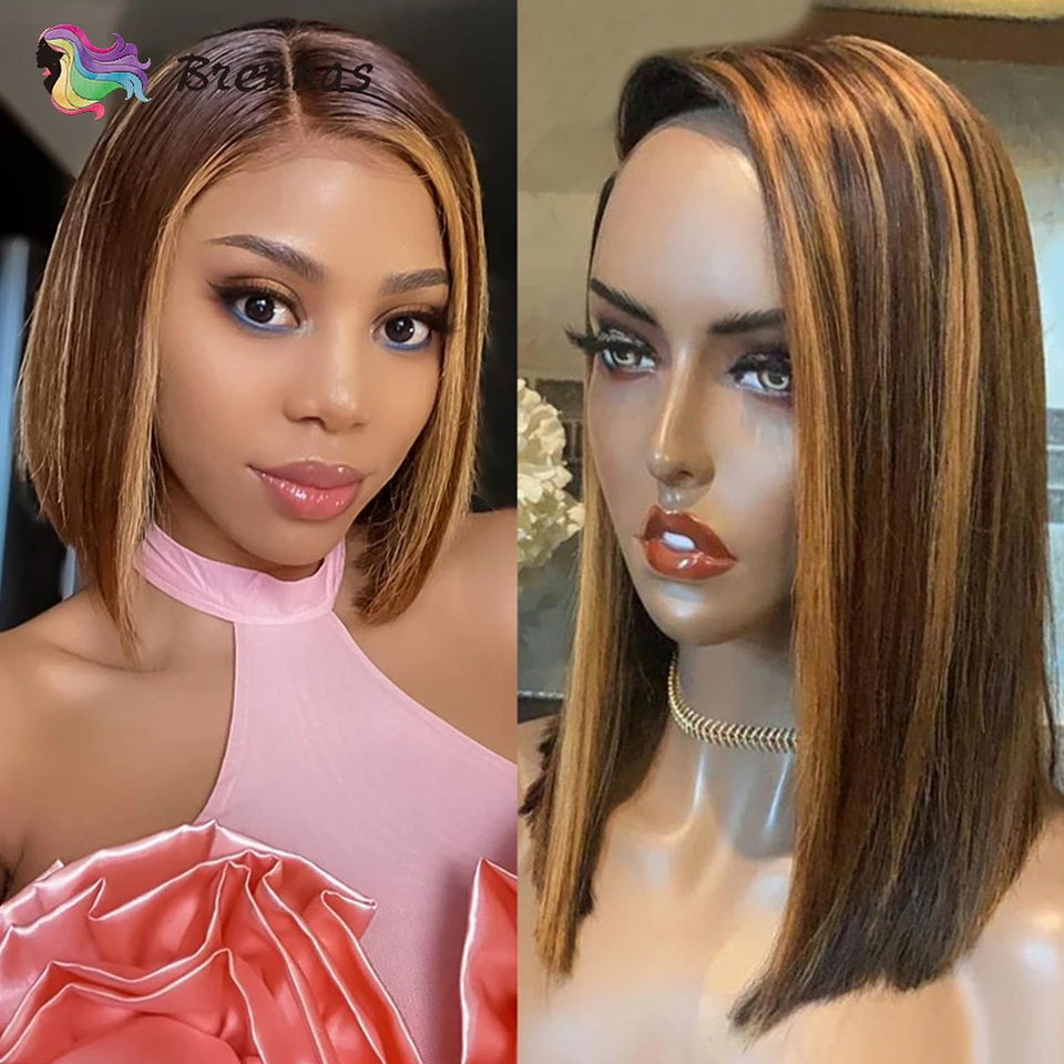 

Straight Bob Wig 13X1 T Part Lace wig baby hair Brazilian human Remy hair Ombre highlight wig honey blond wigs for black women