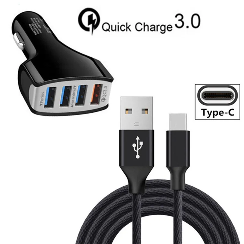 Быстрое Автомобильное зарядное устройство QC 3 0 4 USB порта Тип C нейлоновый кабель