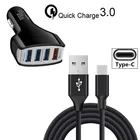 Быстрое Автомобильное зарядное устройство QC 3,0, 4 USB-порта, Тип C, USB-зарядное устройство, нейлоновый кабель для телефона Huawei p9, p10, p20 lite, mate 9, 10 pro, honor 9, 8 view, 10