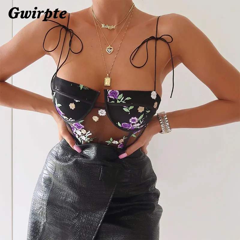 

Gwirpte Purple Floral Embroidery Lace Bodysuits Women Straps Backless Mesh Bodysuit Sexy Zipper Romper